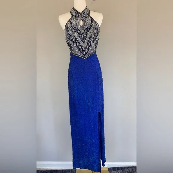 VTG LAURENCE KAZAR 90s 100% Silk Beaded Halter Gown Prom Formal Maxi Dress Sz S - Picture 3 of 16
